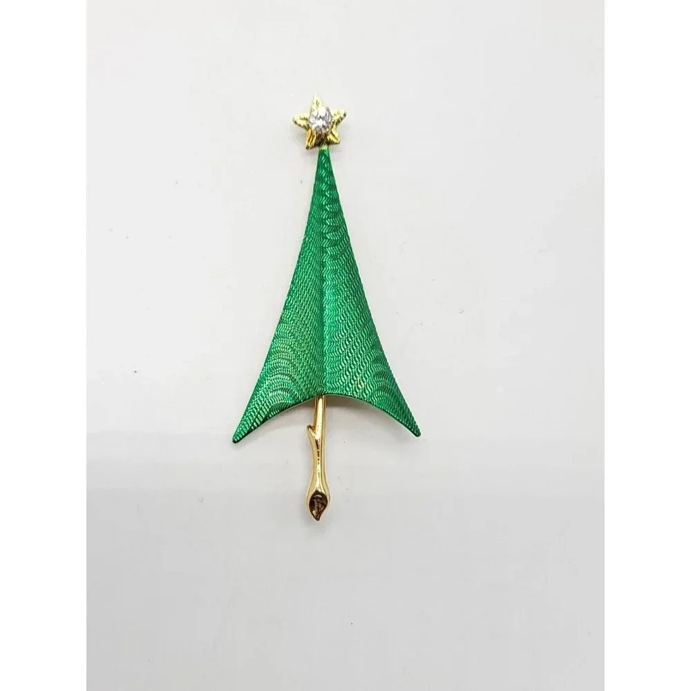 Cerrito Enameled Green Christmas Tree Pin Brooch CZ Diamond Gold Tone Vintage